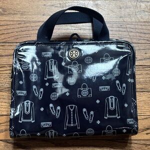 Tory Burch Black Travel Hanging Toiletry Bag with Logo Print